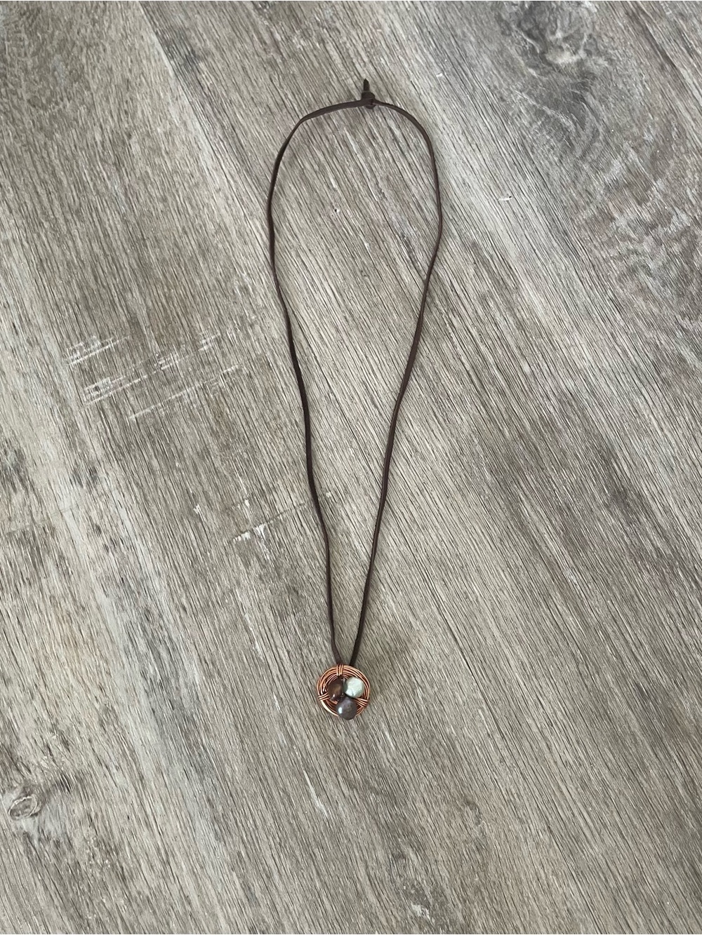 Handcrafted Wire Wrapped Stone Pendant Necklace – Brown Cord – Copper Tone Wire
